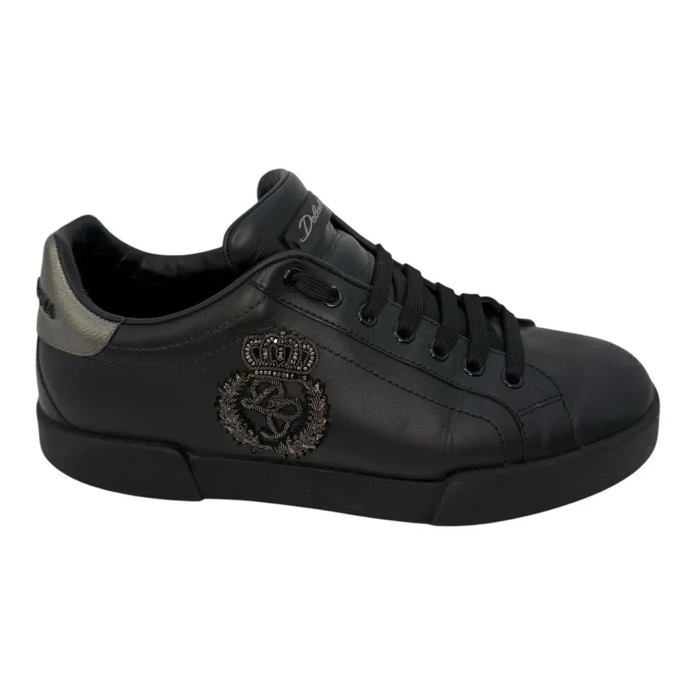 Dolce & Gabbana Black Leather Portofino Crown Patch Sneakers US 7 Eu 40
